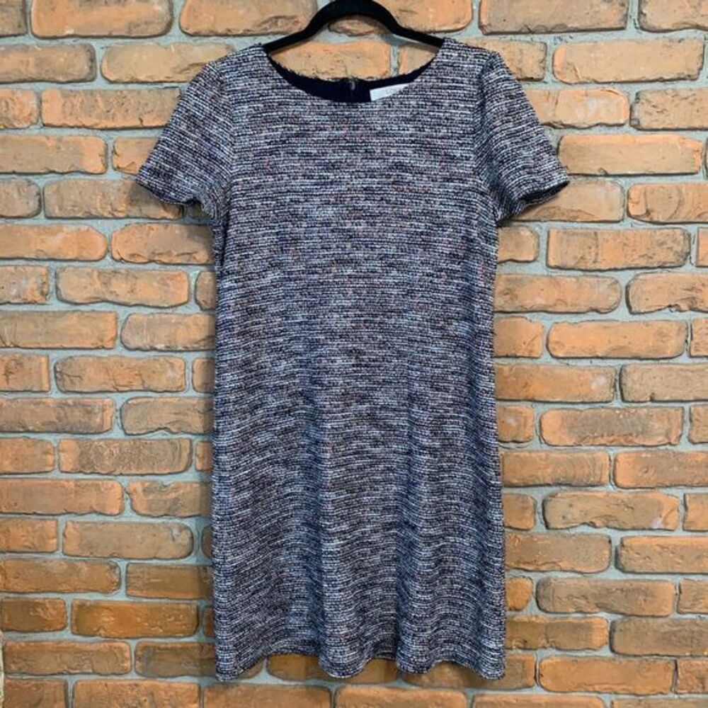 LOFT Womens 8 Dress Navy Textured Tweed Short Sleeve Shift Speckled Professional